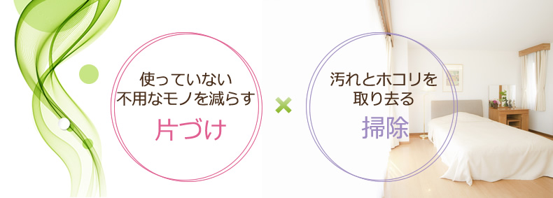 使っていない不用なものを減らす。片づけ。汚れとホコリを取り去る。掃除。